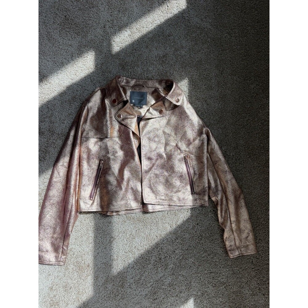 Anthropologie Women’s Rose Gold Metallic Moto Jacket Faux Suede Cropped Biker